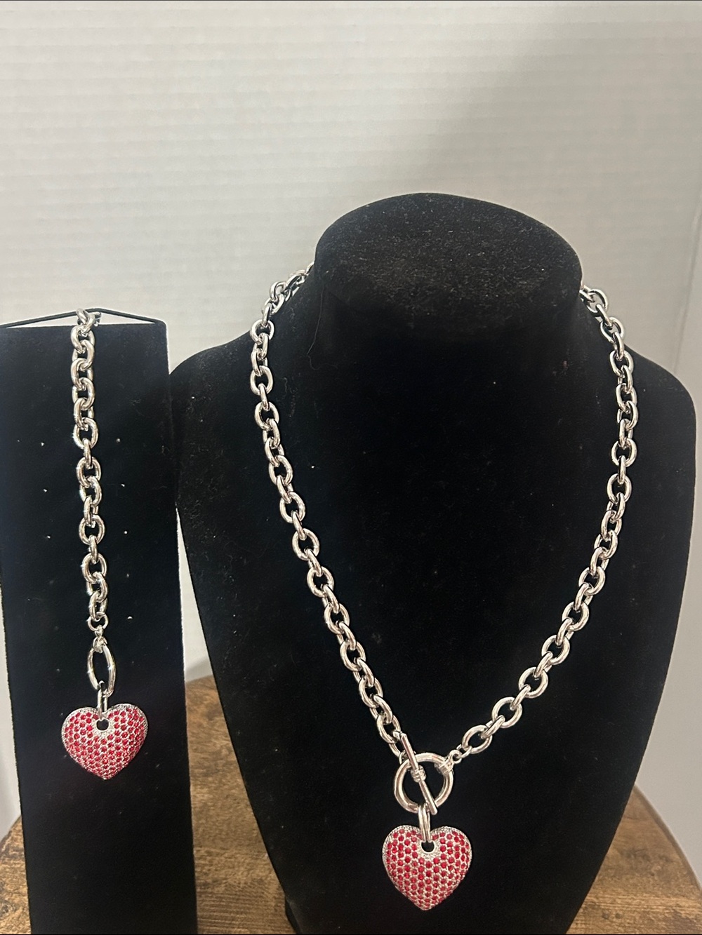 Heart Pendant Chain Necklace and Bracelet Set - Silver with Red Heart